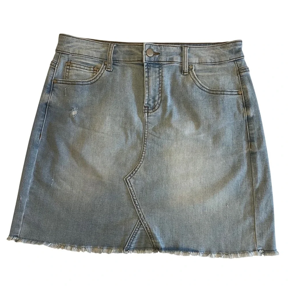 Versona Denim Mini Skirt Womens 29 Light Blue Distressed Raw‎ Hem Stretch Jean